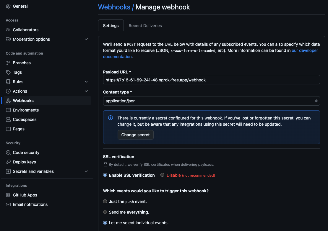 github PR webhook settings